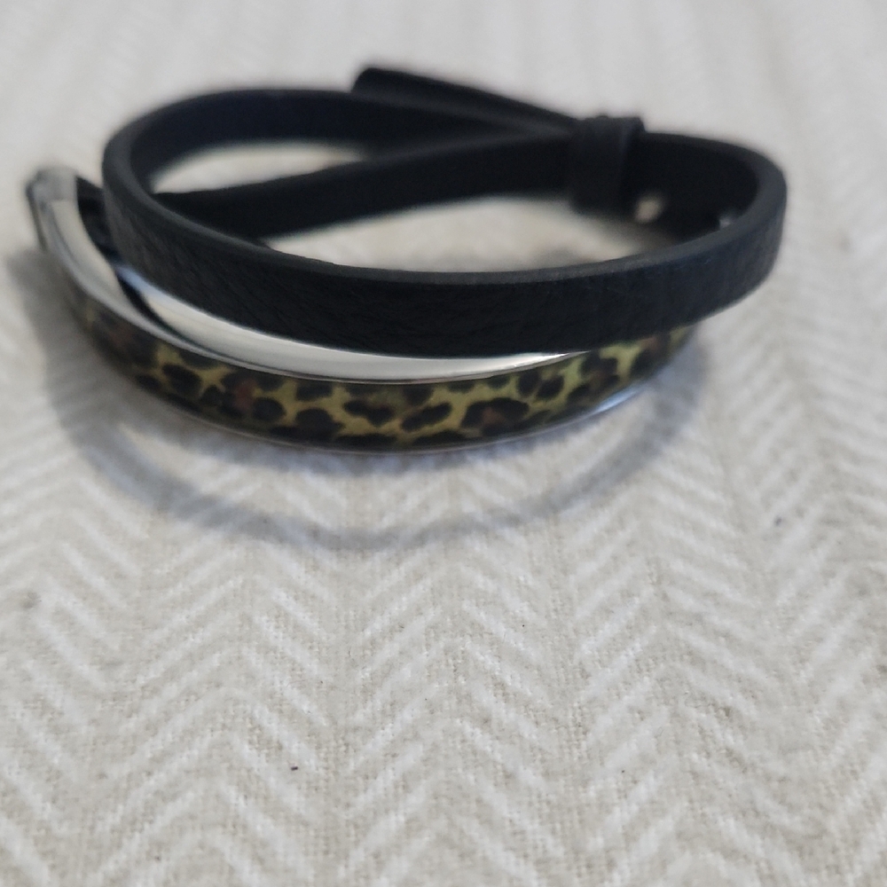 Leopard Print and Black Leather Bracelet